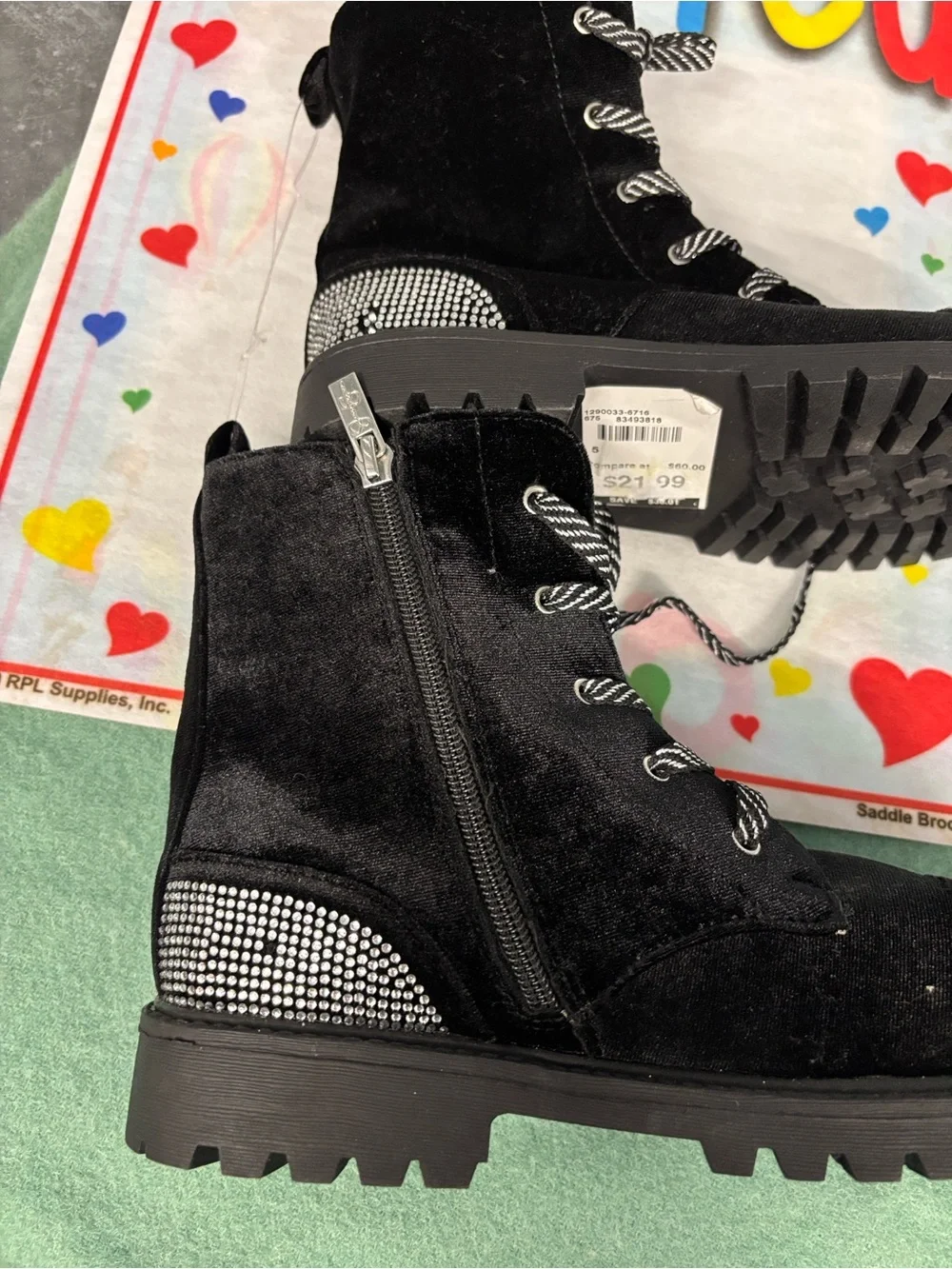 NWT Jessica Simpson Jes468 Black Velvet Combat Boots Stripe Laces Zip Side Bling